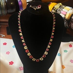 Vintage Silver Tone Pink and Clear Necklace with ONE matching screw back earring